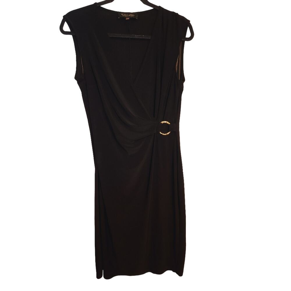 Evan-Picone Black Label‎ Black Faux Wrap Sleeveless Midi Dress Gold Ring Size 8